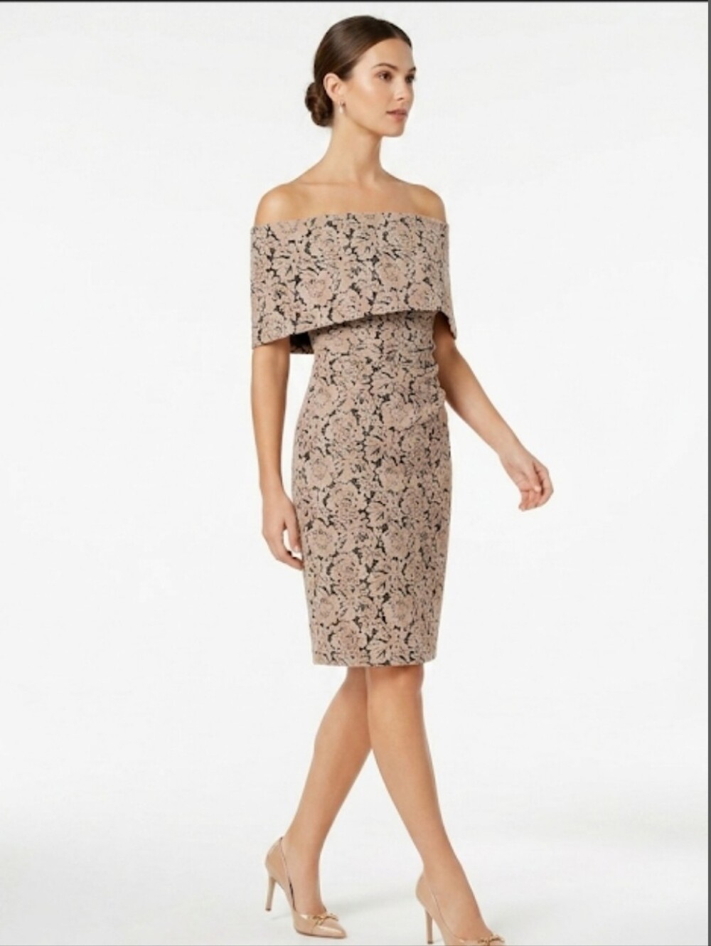 Vince Camuto Lace Off Shoulder Sheath Dress Nude Beige Cocktail Size 2